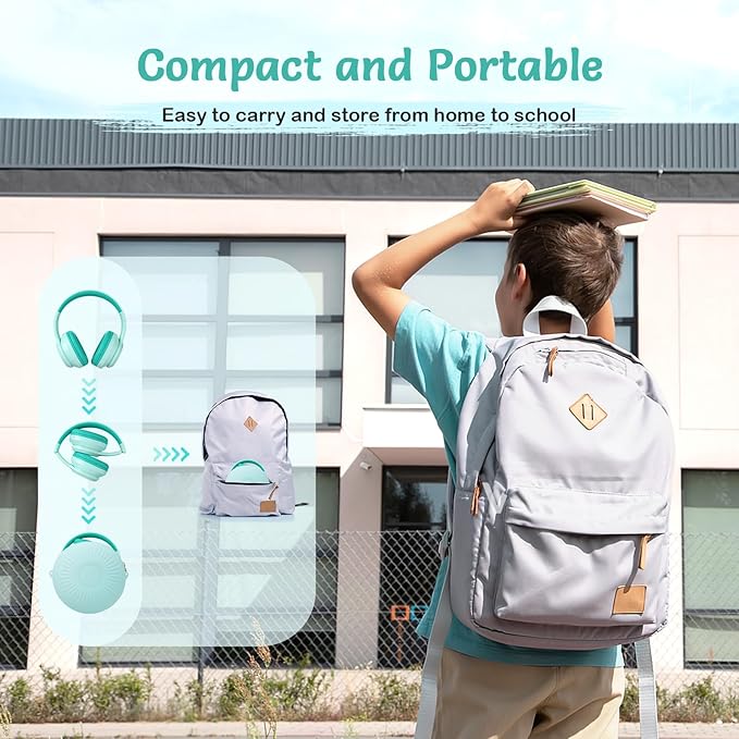 Active Noise Cancelling Kids Headphones, 60H Playtime, Wireless Bluetooth Over-Ear Headset, Built-in Microphone for Home/School/Travel/Party - Includes Portable Case