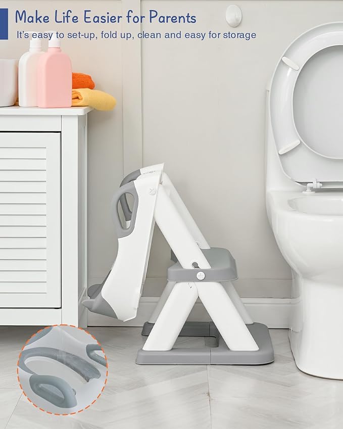 Forbena Toddler Potty Training Seat with Step Stool Ladder, Toilet Potty Seat for Baby Boys Girls Toddlers, Kids Chair Stairs with Handles and Soft Cushion (White and Grey)