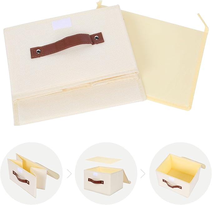 ANMINY 4PCS Storage Bins with Lid PU Leather Handles Storage Boxes PP Plastic Board Decorative Foldable Lidded Cotton Linen Fabric Home Cubes Baskets Closet Organizer Containers - Beige, Small Size