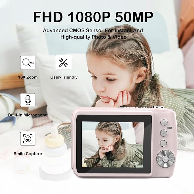 Digital Camera for 50MP FHD 1080P, Digital Point and Shoot Camera with 16X Zoom Anti Shake, Indoor&Outdoor Travel Compact Small Camera Gift for Boys Girls Kids Camera with 32GB Card, Pink