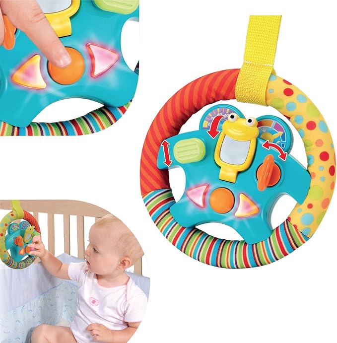 KiddoLab Steering Wheel Toy with Music,Lights,Sounds & Flip Up Mirror - Crib & Stroller Toys with Soft Fabric and Velcro Tap for Easy Attachment. Car Seat Toys for Babies and Toddlers. Ages 3 Months+