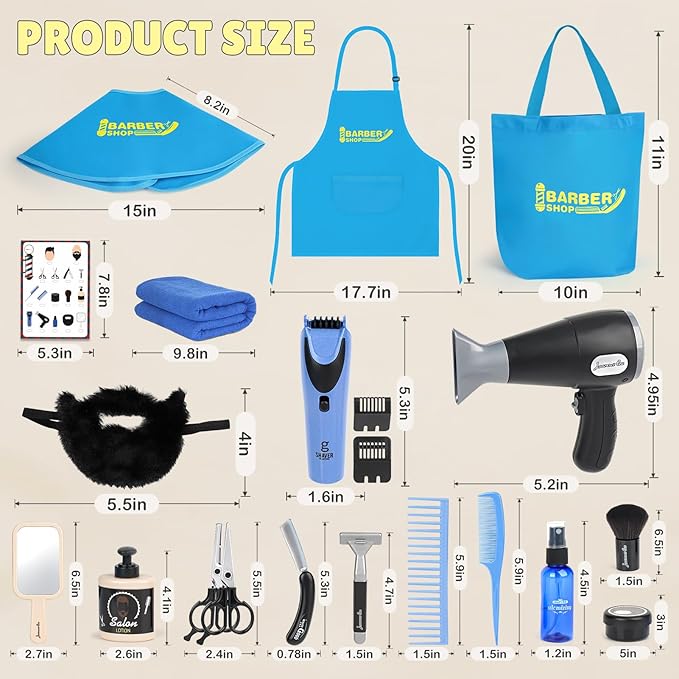 Barber Shop Pretend Play Toy, Kids Hair Salon Toys, Kids Shaving Kit for Boys Ages 3+ with Blow Dryer, Electric Shaver Toys, Tool Bag and Stylist Shave Barber Accessories for Role Play (Black)