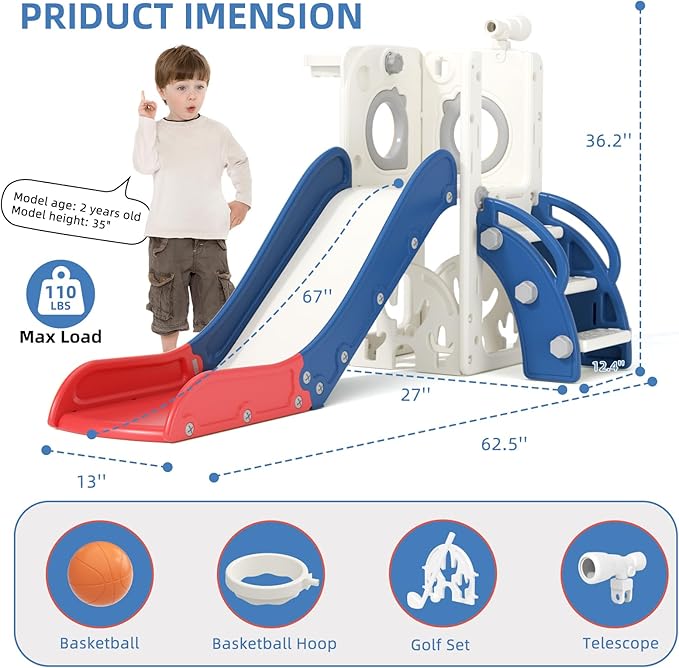 67i Toddler Slide for Kids - Foldable Indoor/Outdoor Plastic Slide with Basketball Hoop, Anti-Slip Steps, Safe & Durable Playground Equipment for 1-3 Years (Red Blue)