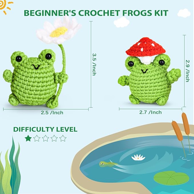 Crochetta Crochet Kit for Beginners, Beginner Crochet Animal Kits for Adults with Step-by-Step Video Tutorials, DIY Knitting & Crocheting Craft Hobbies Supplies, 2 Pack Frog Amigurumi(40%+ Yarn)