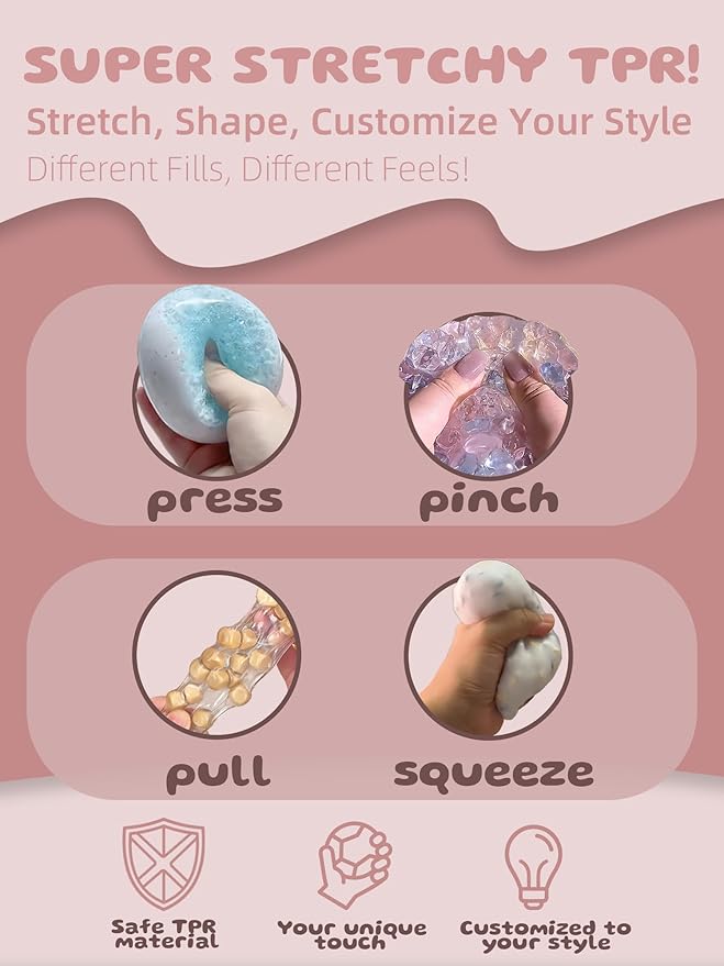 DIY Stress Ball Making Kit - 10 TPR Skins, 13 Fillers, 14 oz Slime, 7 oz Clay, Create ASMR Anxiety Relief Toys, Handmade Squishy Stress Balls, Unique Self-Care Gifts for Women, Crunchy and Relaxing