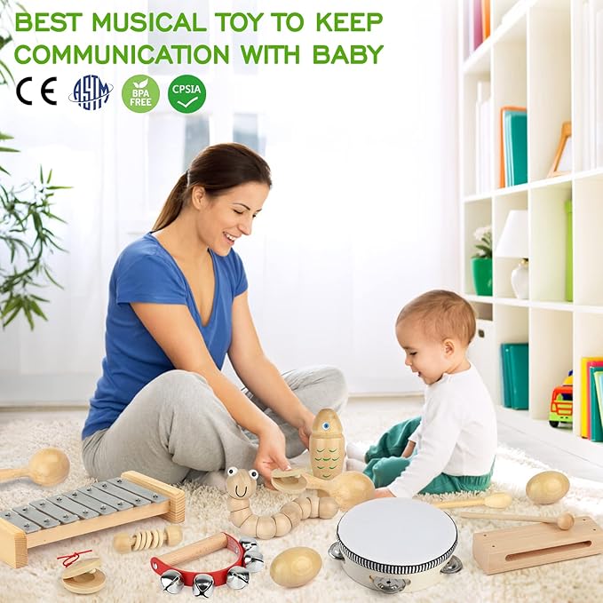 Kids Musical Instruments,100% Natural Wooden Music Percussion Toy Sets, 23 Pcs Tambourine Xylophone Toys for Kids, Girls Boys Preschool Education Early Learning Musical Toys with Bags