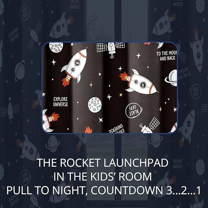 Kids Space Rocket Blackout Curtains - 100% Blackout, Thermal Insulated, Noise Reducing, Perfect for Kids Room and Nursery, 2 Panels (Blast-Off Moon Mission, W52×L84)