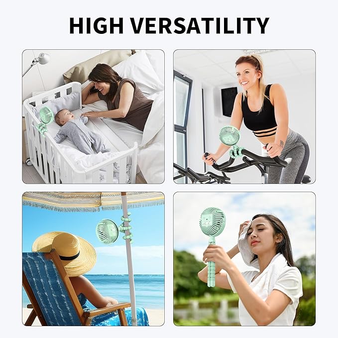 AMACOOL Battery Operated Stroller Fan Flexible Tripod Clip On Fan with 3 Speeds and Rotatable Handheld Personal Fans for Car Seat Crib Bike Treadmill (Green)