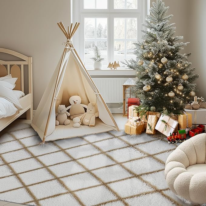 Fluffy Rug for Bedroom, 8X10Feet Stripe Checkered Rug Anti-Skid High Pile for Living Room Bedroom Kids Room Nursery, Dorm Home Decor