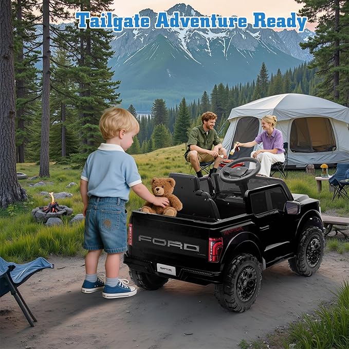 12V Ride on Car Licensed Ford F-150 Raptor, Kids Electric Car with Remote Control, LED Light/Music/MP3, Truck Bed Storage, 3-Point Seat Belt (12V, Black)