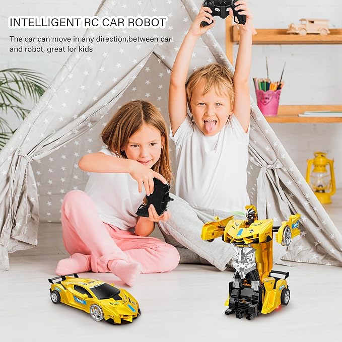 KKONES Remote Control Car, Toy for 3-8 Year Old Boy, 360° Rotating RC Deformation Robot Car Toy, Transform Robot RC Car Age 3 4 5 6 7 8-12 Year Old Boys Girls Birthday Gift (Yellow)