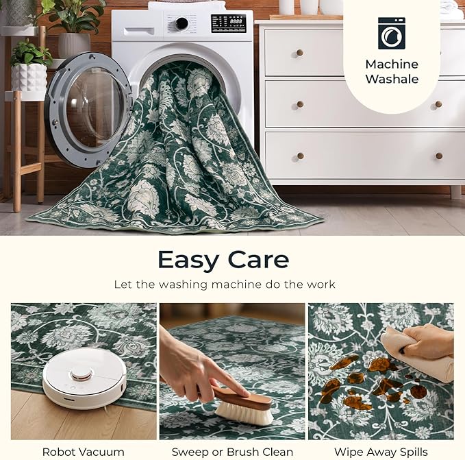 Floral Washable Area Rugs 5x7, Vintage Rug for Living Room, Large Bedroom Carpet, Non Slip Low Pile Ultra Soft Carpets for Indoor Dining Home Nursery Playroom Under Table, Dark Green