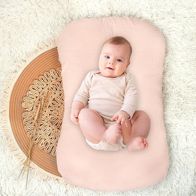 Hooyax Muslin Baby Lounger Cover 1 Pack, 100% Cotton Soft & Breathable Infant Lounger Covers Only for Newborn (Light Pink)