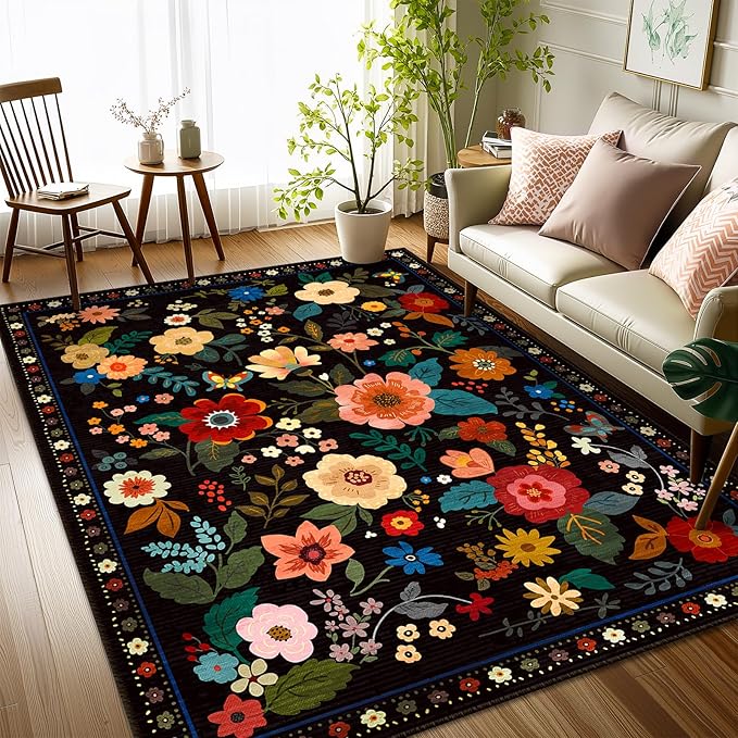 Floral 3x5 Area Rug Machine Washable Soft Print Boho Carpet Non Slip Doormat Low Pile Flower Area Rugs for Living Room Bedroom Nursery Kitchen Dining Room Indoor-Black