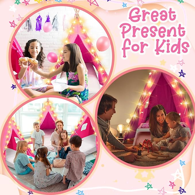 6 Pack Sleepovers Teepee Tent for Kids Bulk with Mattress Sheet Light,Natural Cotton Washable Indoor Play Tent for Birthday Slumber Party Girls Boys Pajama Movie Night Supplies(Rose Red)