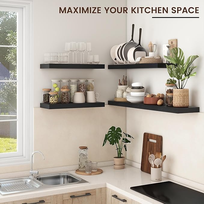 Floating Shelves - 2 Large Wall Mounted Shelves with Invisible Brackets, Long Wood Floating Wall Shelf for Living Room, Bedroom, Kitchen (Black, 24" W x 9" D x 1.5" H)