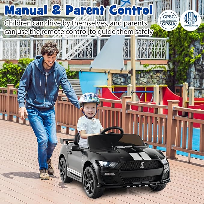 Costzon Ride on Car, 12V Licensed Ford Mustang Shelby GT500 Kids' Electric Vehicles w/Remote Control, USB Port, Radio, Music, Player, High Low Speed & Soft Start, Racing Kids Car for Toddler (Black)