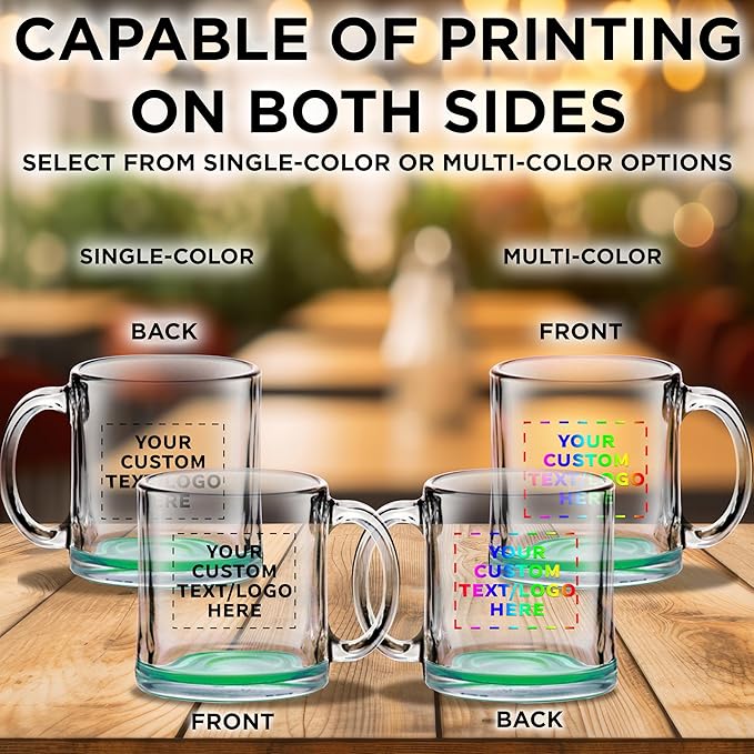 Custom Libbey Clear Glass Coffee Mugs 13 oz. Set of 10, Personalized Bulk Pack - Perfect for Coffee, Tea, Espresso, Hot Cocoa, Other Beverages - Green Bottom