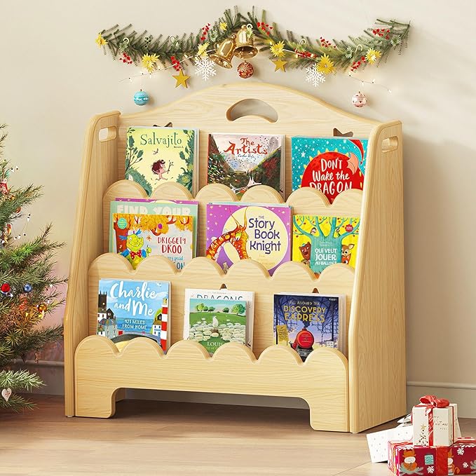 3-Tier Montessori Wooden Bookshelf for Kids, Toddler Book Rack Toy Organizer and Storage, Small Book Display Stand for Baby, Bookshelves Furniture for Classroom, Nursery, Playroom, Library