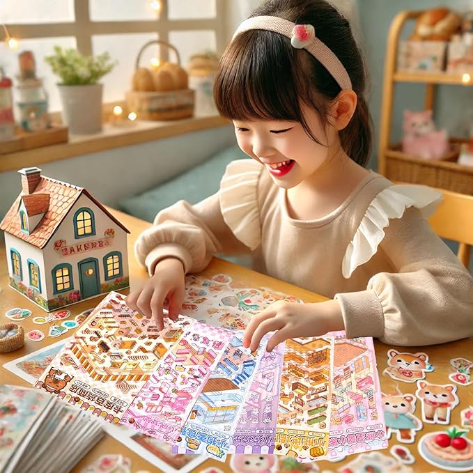 DIY 3D Sticker Scene, 6 Sets of Cute Miniature Isometric Stickers for Kids Adult Therapy Scenes Sticker Reuseable and Waterproof Stickers for Girl