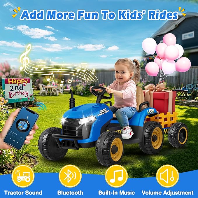 24V Ride On Tractor w/Tiltable & Detachable Trailer, 2x65W Motors, EVA Tires, Remote Control, Bluetooth, Shifter, Music, Electric Car for Kids Ages 2-5, Blue