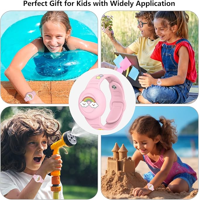 for Airtag Wristband Kids Waterproof,Silicon Cute Rainbow Cartoon Hidden Airtag Bracelet Kids,Anti-Lost Apple Airtag Holder Case for Child,Watch Band Tracker Airtag Case for Toddler-Pink