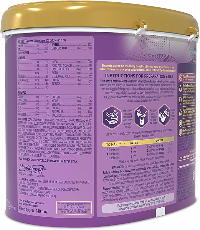 Enfamil Optimum Gentlease Baby Formula, Our Closest Formula to Breast Milk For Fussiness, Crying, Gas & Spit-up, Immune-Supporting Lactoferrin also found in Breast Milk, 19.5 Oz, Pack of 4