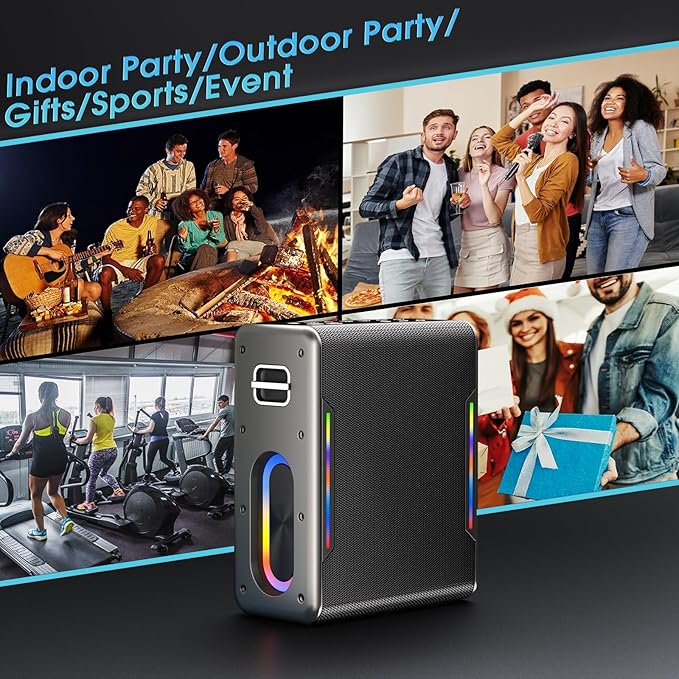 Karaoke Machine with Two Wireless Microphones, Powerful Portable Bluetooth Speaker for Adults & Kids, PA System with 2 Voice Mode, LED Lights, Supports BT/TWS/AUX/USB/TF for Party (Black+Sliver)