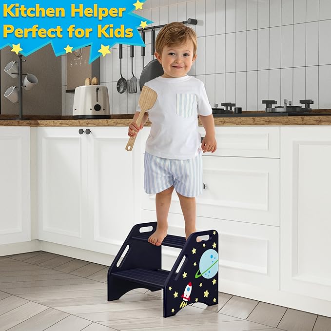 AMBIRD Toddler Step Stool, Space Wooden Two Step Stool for Kids with Non-Slip Pads, Portable Potty Training Stool with Handles for Bathroom, Sink, Kitchen, Bedroom