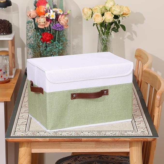 ANMINY Storage Boxes with Lids Washable Decorative Storage Bins Basket with PU Leather Handle Foldable Linen Fabric Storage Cubes Containers for Home Closet Organizer - Green White, Large Size