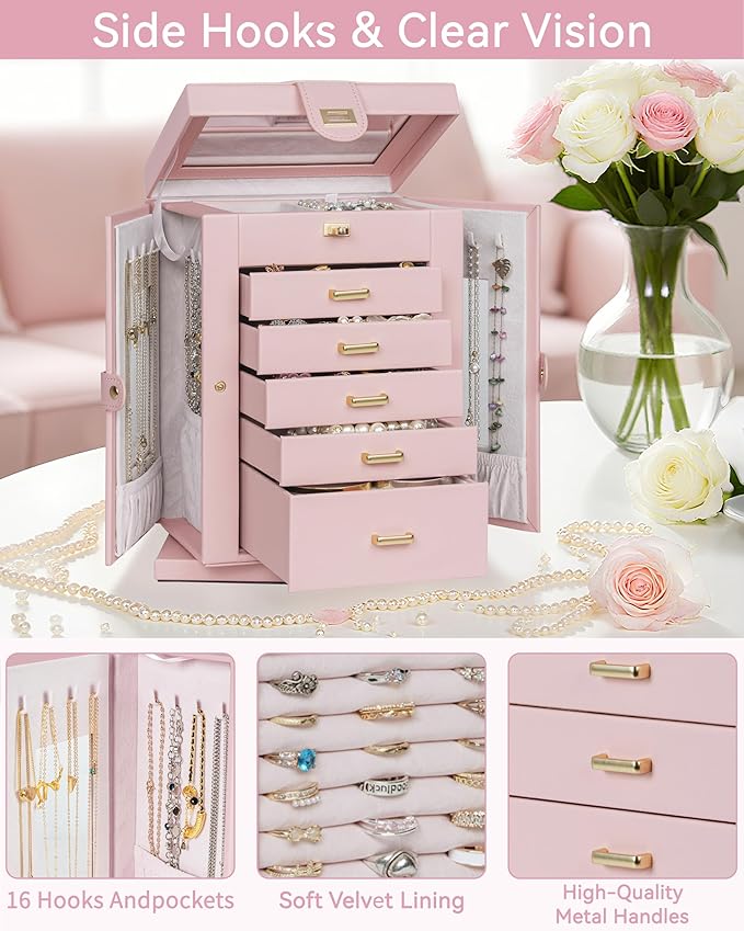AKOZLIN 360° Rotating Jewelry Box 6-Tier Organizer Functional Jewelry Storage Case for Women Girls Ring Necklace Earring Bracelet Holder with Mirror Pink