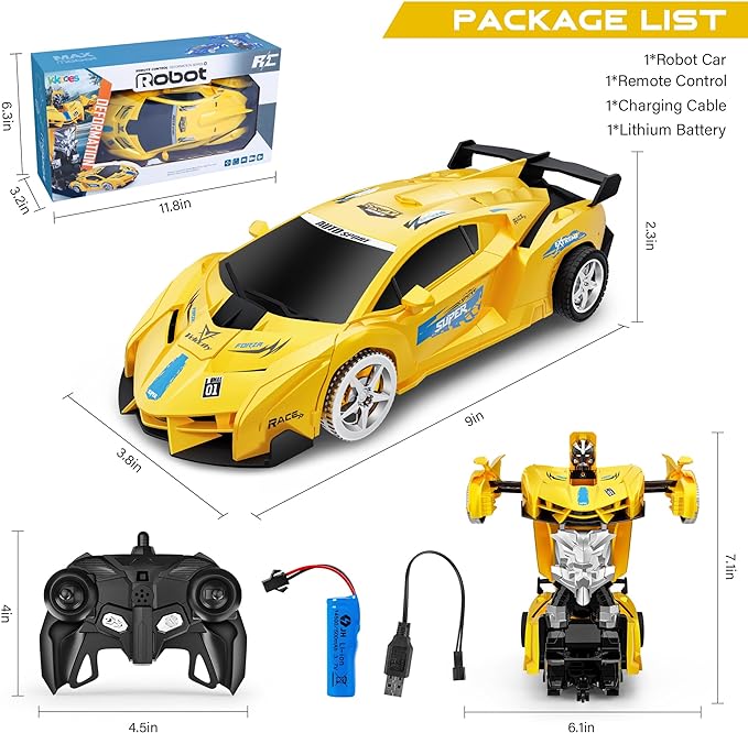 KKONES Remote Control Car, Toy for 3-8 Year Old Boy, 360° Rotating RC Deformation Robot Car Toy, Transform Robot RC Car Age 3 4 5 6 7 8-12 Year Old Boys Girls Birthday Gift (Yellow)