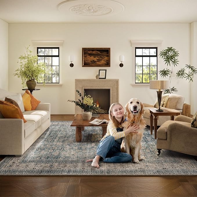 Area Rugs 9x12 Living Room: Washable Rugs for Bedroom Vintage Stain Resistant Non Slip Low Pile Large Boho Carpet for Kitchen Dining Room Farmhouse Kids Room Nursery