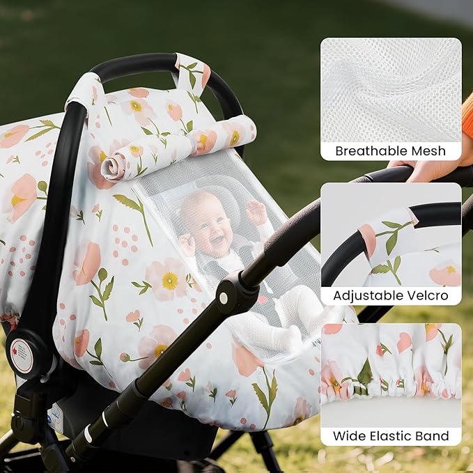 Elstey Car Seat Cover Baby, Minky Dot Carseat Covers Baby Girls, Lightweight Infant Car Seat Cover Canopy with 2 Layers Breathable Mesh Windows, Stroller Carrier for Babies Newborn Essentials