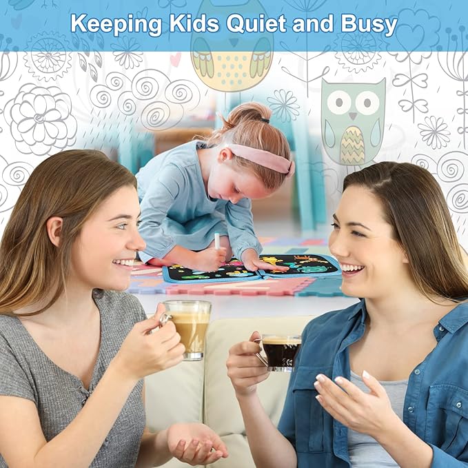 Erasable Kids' Doodle Set, Magic Drawing Book, Reusable 12 Watercolor Pens, 14 Page Car Game Set (Owl Blue)