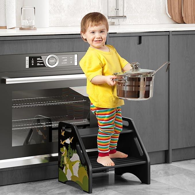 AMBIRD Toddler Step Stool, Dinosaur Wooden Two Step Stool for Kids with Non-Slip Pads, Portable Potty Training Stool with Handles for Bathroom, Sink, Kitchen, Bedroom