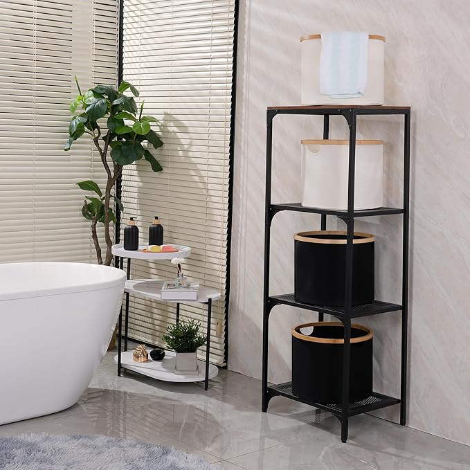 efluky Storage Baskets for Organizing, Fabric Storage Bins with Bamboo Handles, Collapsible Storage Baskets for Shelves and Closet,Medium, Black Set of 2