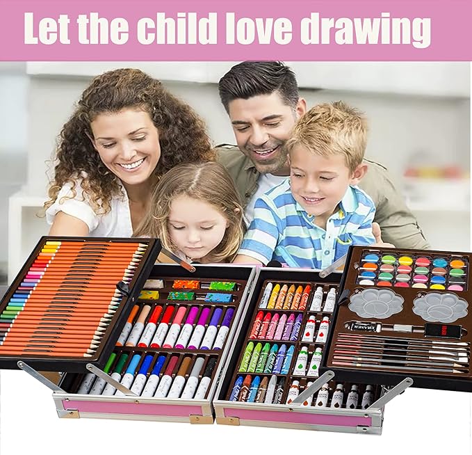 KINSPORY Art Supplies, 139 Pack Painting Drawing Art Kit with 2 Sketch Pads, Double Layers Art Set Crafts, Colored Pencils, Oil Pastels, Watercolor Paints, Aluminum Gift Case for Artists Kids (Pink)