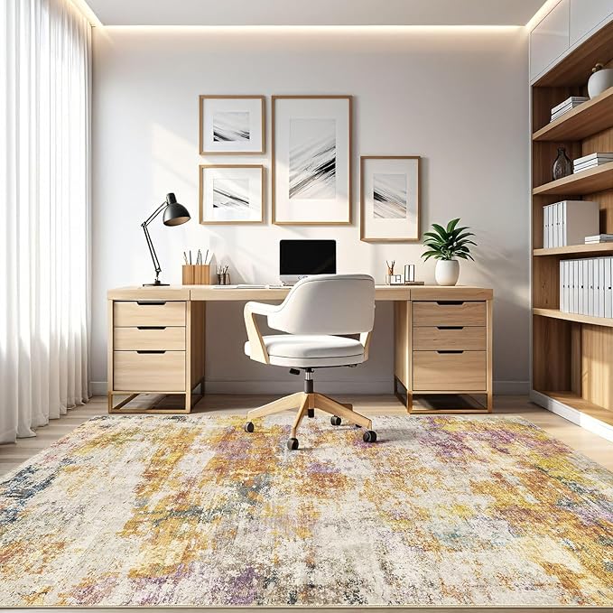 8X10 Area Rugs Living Room: Washable Large Abstract Modern Soft Stain Resistant Indoor Floor Rugs Non Slip Accent Carpet for Bedroom Nursery Playroom Office Dining Room Dorm Home House- Gold Colorful