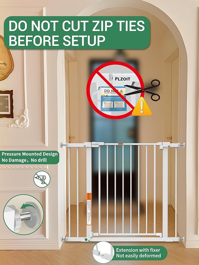 Baby Gate for Stairs, 30'' Tall 29.5-46" Extra Wide Dog Gate for Stairs Walk Thru Auto Close Metal Pet Gate for The House, Stairs and Doorways Child Gate Pressure Mounted Safety Gate Indoor - White