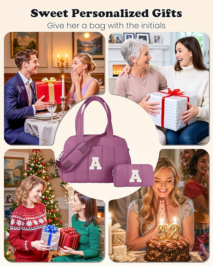 Duffle Bag with Initial, Spend The Night Bags for Women,Overnight Bag with Wet Pocket,Gift Set for Women-Lightweight Travel Bags Personalized Gym Tote with Makeup Pouch