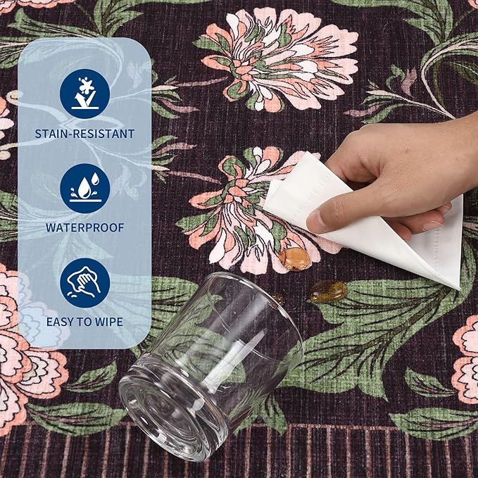 GarveeHome Plum Pink Floral Botanical Washable 8x10 Area Rug for Living Room Soft Black Purple Vintage Boho Cottage Large Rugs Low Pile Carpet for Bedroom Dining Nursery Rug