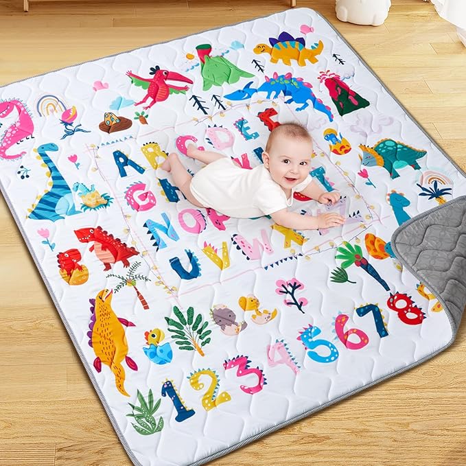 Baby Play Mat - Thicken 71x59 Inch Soft Foam Crawling Mat for Playpen & Floor, Non-Slip Waterproof Playmats for Infants & Toddlers, Portable Foldable & Machine Washable, Dinosaur & Letters