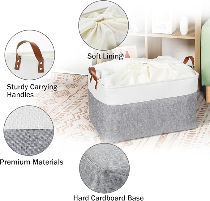 DULLEMELO Extra Large Storage Baskets for Organizing 22"x15"x13" Foldable Fabric Storage Baskets Organizer Bins with Handles Large Storage Basket for Shelves Closet Toys Books (White&Grey)