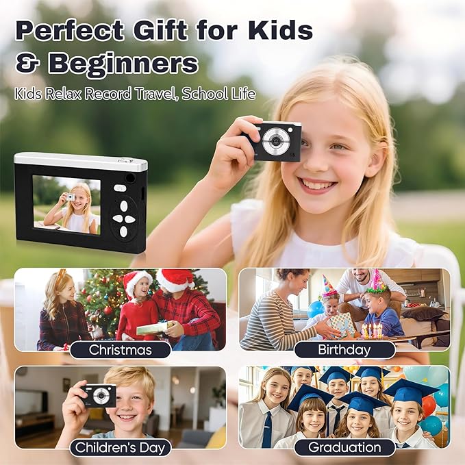 Digital Camera FHD 1080P Video & 8X Digital Zoom - Compact Point and Shoot Digital Camera with 2.4" Screen, 800mAh Rechargeable Battery Portable Small Camera for Kids Teens Girls Boys(Black)