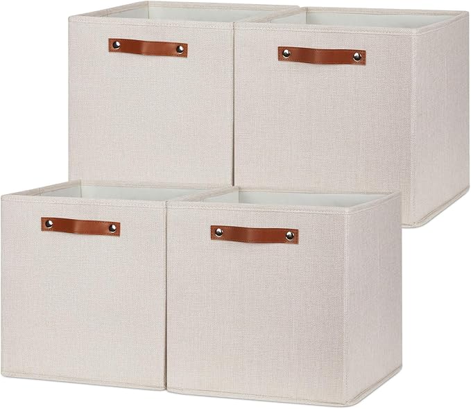 HNZIGE Large Storage Baskets Set of 4 Collapsible Storage Baskets,13x13 Storage Cube Bins with Handles,Foldable Storage Cube Bins for Shelves(cream)