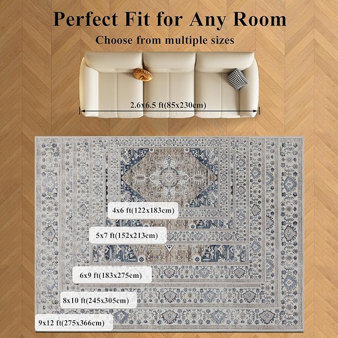 9x12 Area Rug Living Room Rugs, Stain Resistant Washable Rug, Vintage Large Non-Slip Backing, Low Pile Lightweight Print Rug for Bedroom Dinning Room Home Office (Taupe/Blue)
