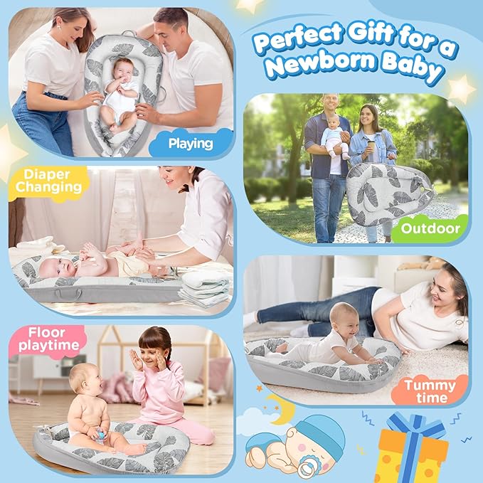 Baby Lounger - Baby Lounger for Newborn 0-24 Months, Breathable and Soft Cotton Cover Baby Nest, Portable Cozy Tummy Time Lounger for Home and Travel, Ideal Baby Essentials & Shower Gifts