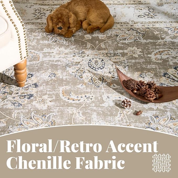 jinchan Long Hallway Runner Rug 2x12 Machine Washable Runner Rug Taupe Vintage Floral Design Non-Slip Ultra-Thin for Kitchen Laundry Room Bedroom Farmhouse (2‘x12',Taupe)