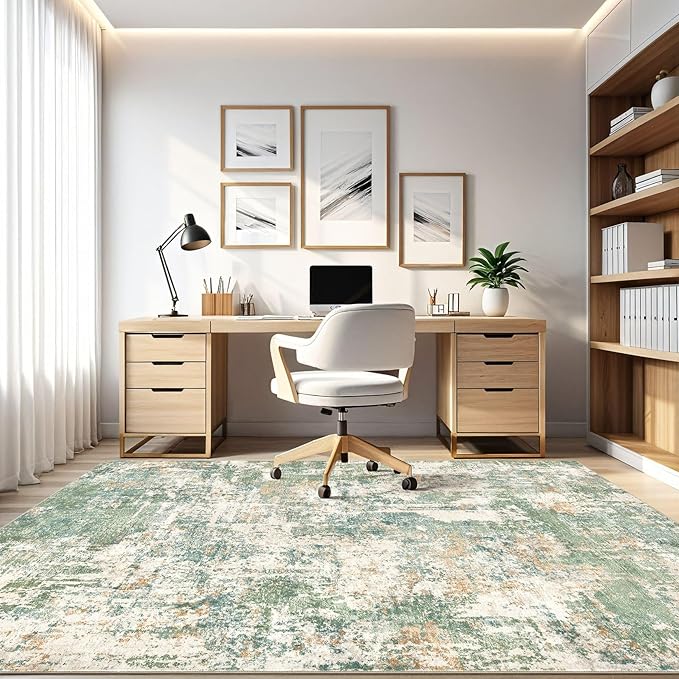Area Rugs 9x12 Living Room: Washable Large Abstract Soft Green Rug Stain Resistant Indoor Floor Non-Slip Accent Carpet for Men Modern Home Enthusiasts Aged 25-45 - Bedroom Office Playroom